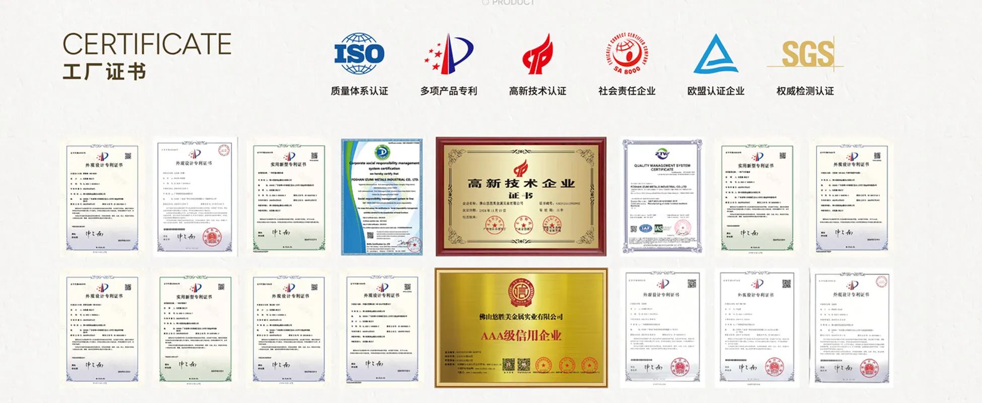 Simpleme ISO 9001, SA 8000, SGS certifications and patent wall